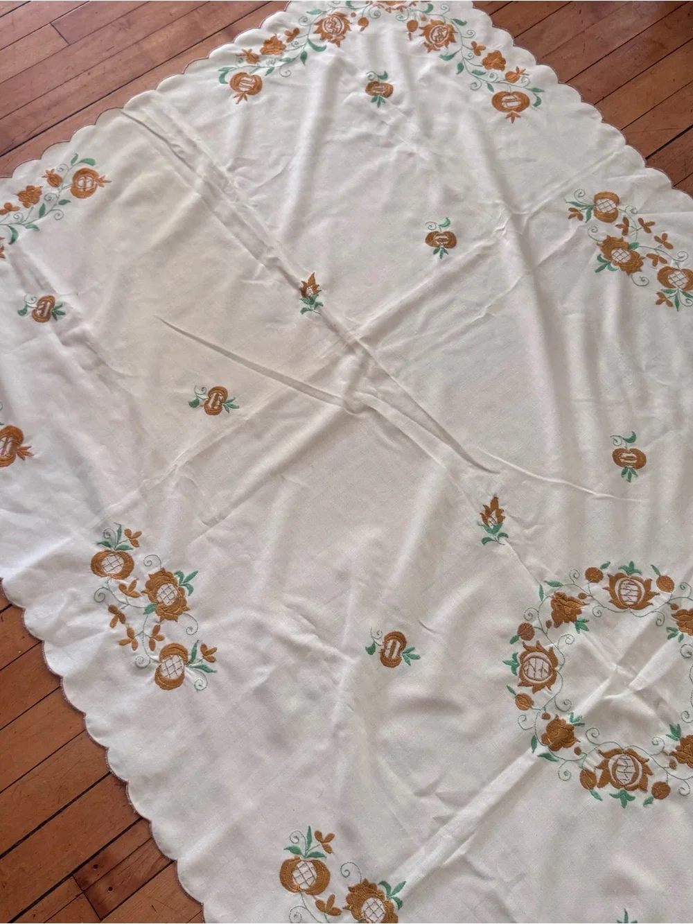 Vintage Floral Yellow gold & Green cotton tablecloth embroidered crewel large